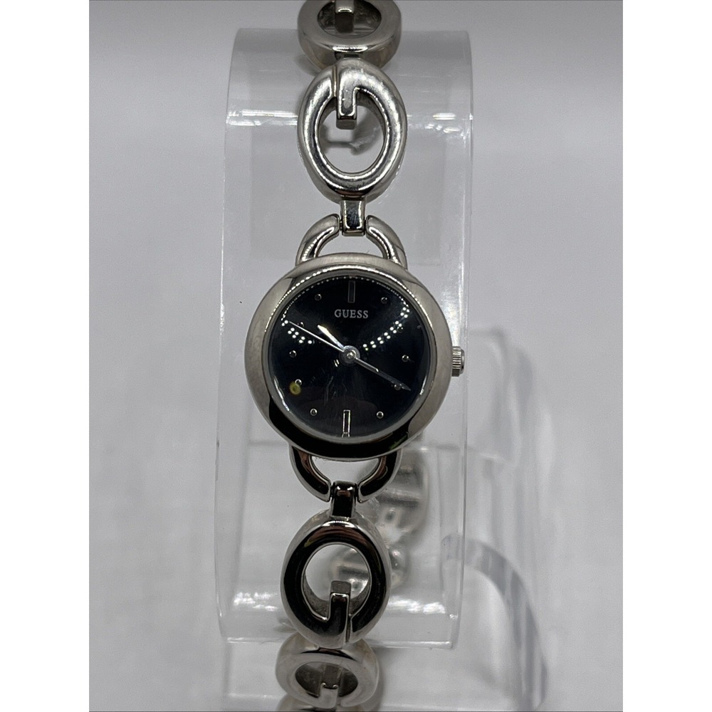 Guess Women's Quartz Watch Silver G 7.25" Band Black‎ 20mm Dial- New Battery